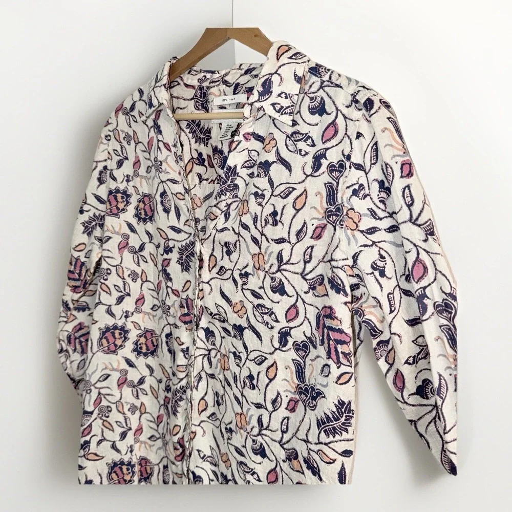 Rachel Zoe Women Linen Button Up Blouse Top Floral Hi-Low Hem Collar Size M - Picture 2 of 3